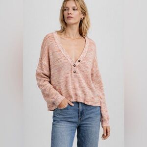 Free People Womens Mercury Heathered Henley Sweater Medium V-Neck Slouchy Boho